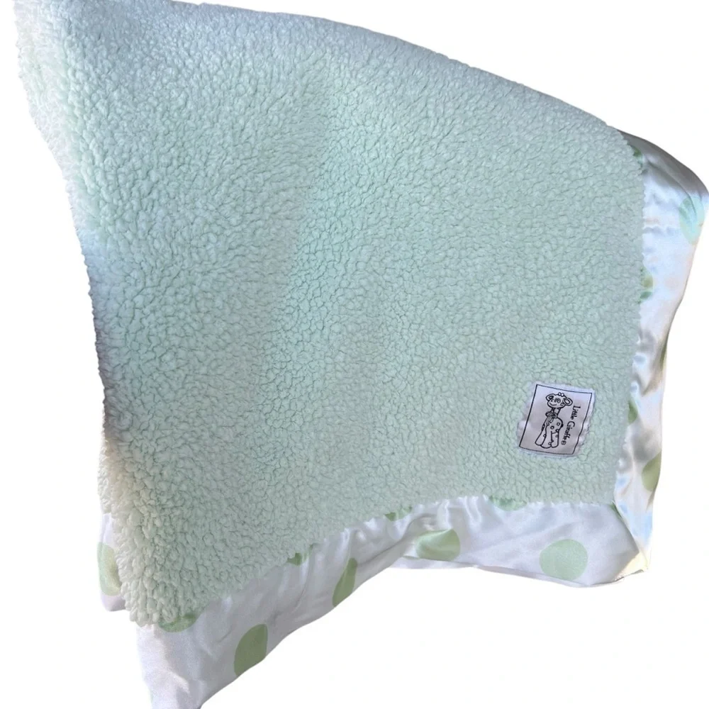Little Giraffe Mint Green Chenille Baby Blanket Polka Dot Satin Trim 31x37 GUC